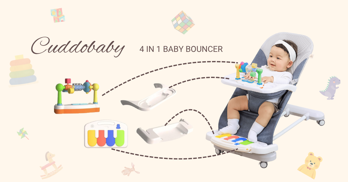 Baby smiling in Cuddobaby 4 in 1 baby bouncer Sit & Play mode