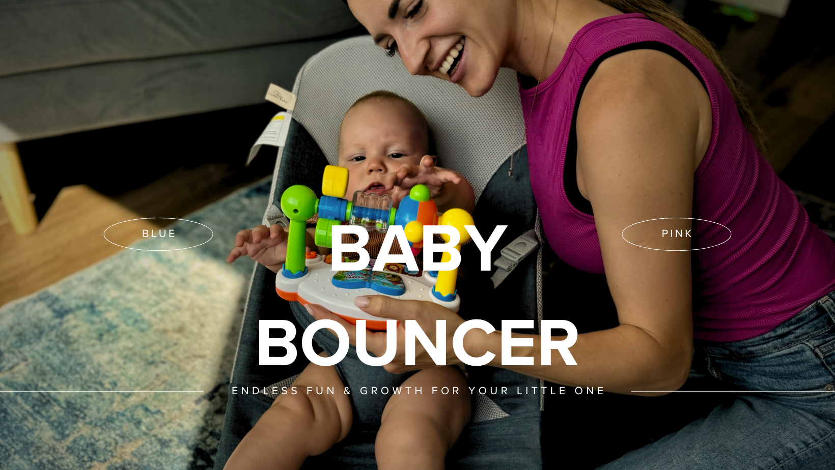 Montessori baby bouncer with natural toys and mirrors for sensory learning