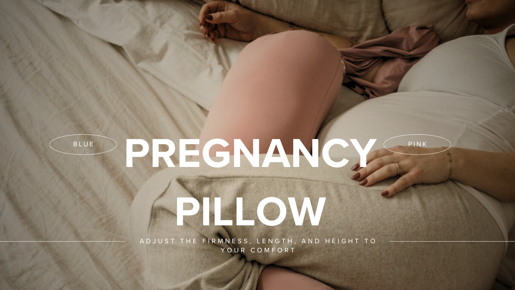 Pregnant woman in the third trimester using a full-body maternity pillow.
