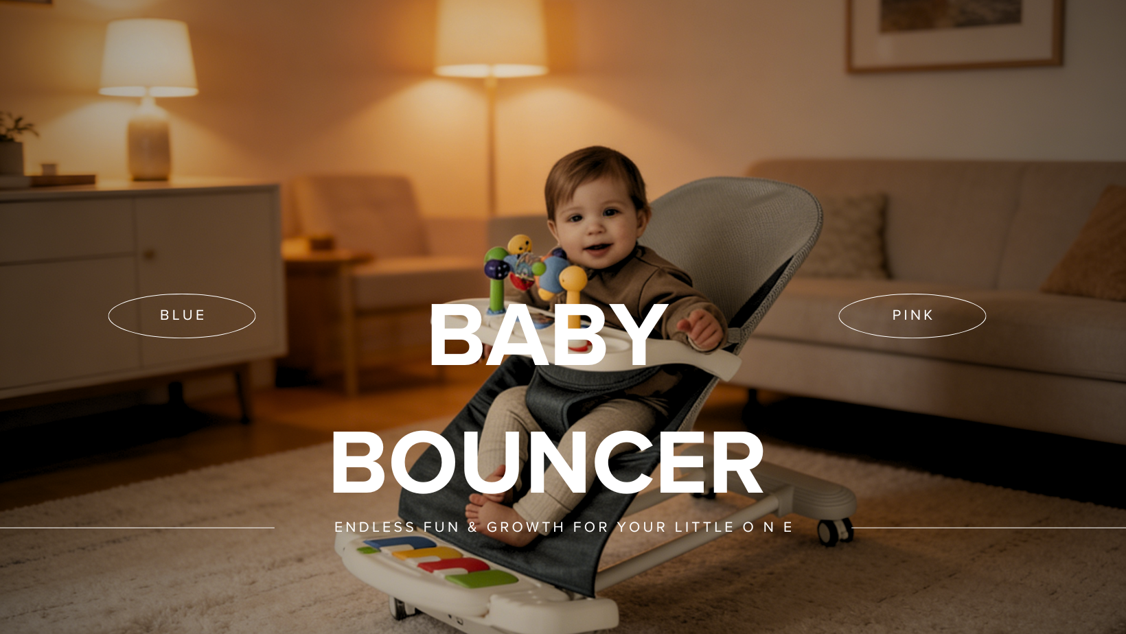 A baby focused intently on a dangling toy in their bouncer infant seat.
